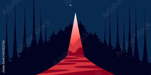 Red carpet on a blue or white background with festive Christmas tree and star decorations, perfect for a winter holiday celebration card