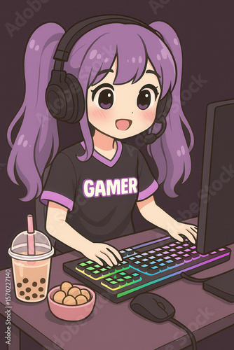 Cute anime style girl gamer with long purple pigtails wearing a headset and black gamer shirt enthusiastically playing on a colorful RGB mechanical keyboard at a desk with bubble tea and snacks