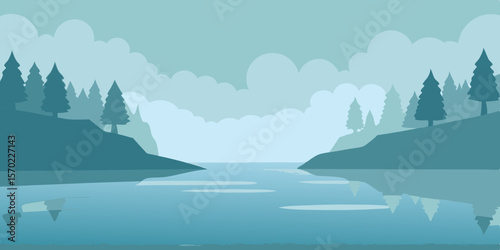 A beautiful summer mountain landscape with a blue lake, clouds, and a clear sky, perfect for nature travel and tourism