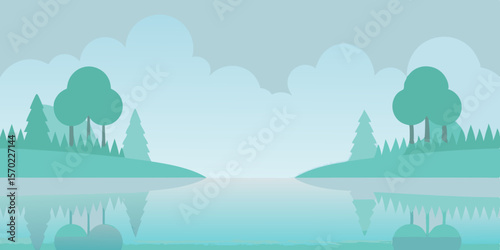 A beautiful vector illustration of a winter landscape with snow-covered trees and mountains under a cloudy sky
