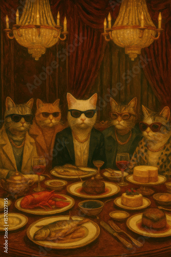 Anthropomorphic cats dressed in formal attire and sunglasses sitting at a luxurious dinner table with gourmet dishes and wine under elegant chandeliers in a lavishly decorated room