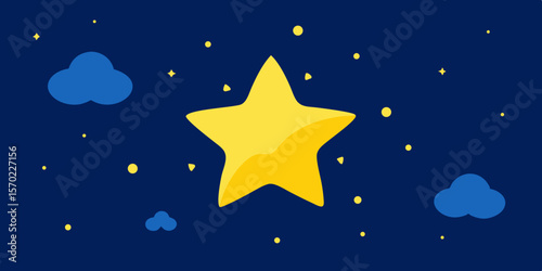 Gold cartoon stars and a crescent moon shine brightly on a blue winter night sky, perfect for holiday celebration design