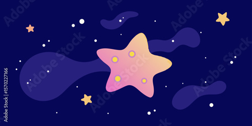 Seamless cartoon vector illustration of a magic star in the blue night sky with abstract planets