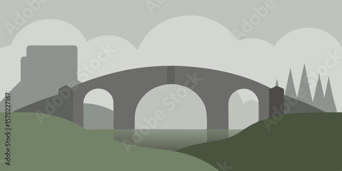 Vector illustration of an old stone arch bridge over a river in a Parisian landscape under a vast sky, blending ancient history with classic European architecture