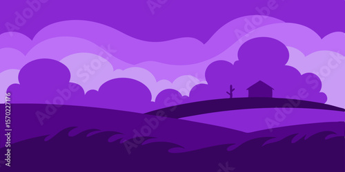 Vector illustration of a family on a hill with a sunset sky and mountains in the background