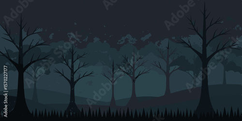 Beautiful dark night landscape in the forest with trees silhouettes under the moon and stars