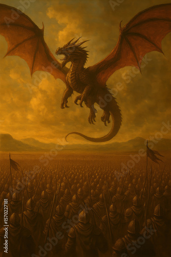 Epic fantasy illustration of large dragon with outstretched wings soaring above vast medieval army of knights holding spears under dramatic golden sky preparing for battle