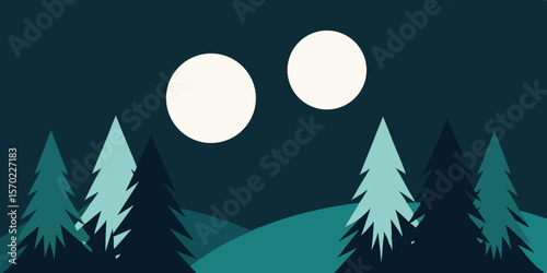Moonlit winter forest with snow-covered pine trees under a dark blue night sky with stars, perfect for a holiday landscape illustration