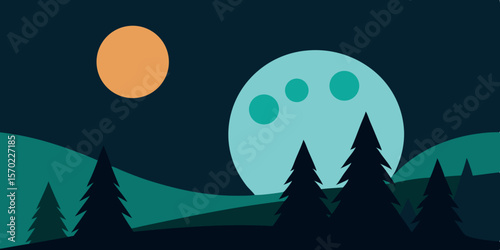 Starry night landscape with trees and mountains