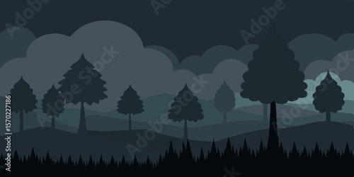 Night landscape with silhouetted trees and clouds under a blue and orange sky, illustrating the tranquil beauty of nature at dusk