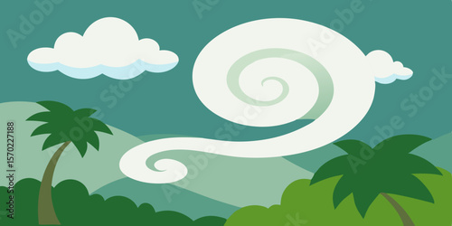 Abstract vector illustration of a summer landscape with palm trees and clouds, featuring a blue sky, ocean waves, and a natural, swirling design