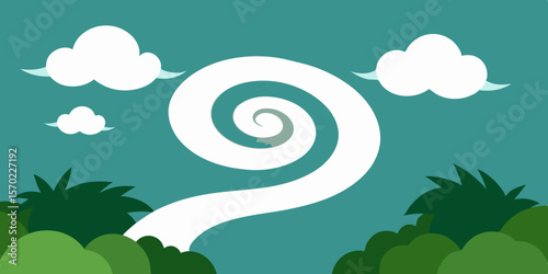Vector illustration of a snail on a green hill with a spiraling wave pattern, perfect for nature-themed summer backgrounds