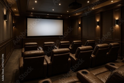 Luxury home cinema with immersive surround sound system and premium leather seating in sophisticated entertainment space