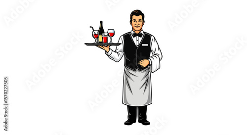 A smiling waiter in a formal uniform is serving drinks on a tray. High-quality vector illustration.