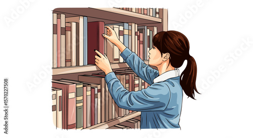 Young Woman Selecting a Book from a Bookshelf in a Library