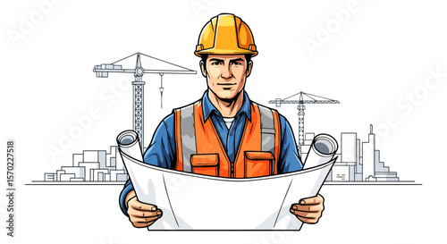 Construction Worker Reviewing Blueprint City Development Project
