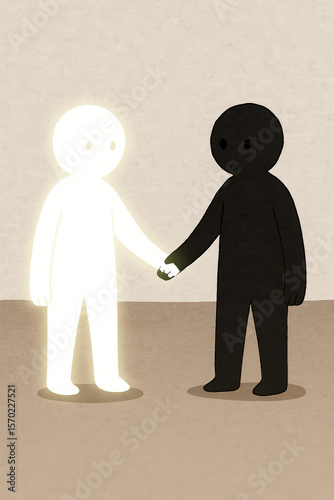 Conceptual art of glowing white figure shaking hands with dark shadow figure representing duality unity or light and darkness