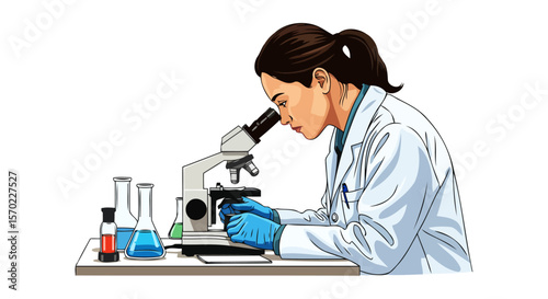 A female scientist intently using a microscope in a laboratory setting, conducting research and experiments