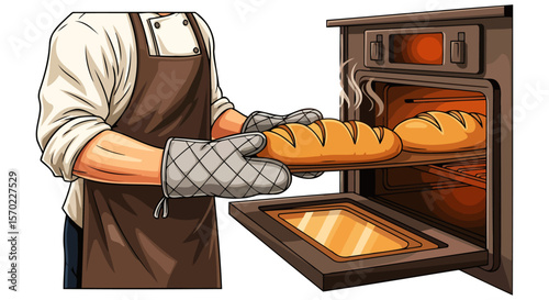 Artisan Baker Pulling Out Freshly Baked Bread from the Oven