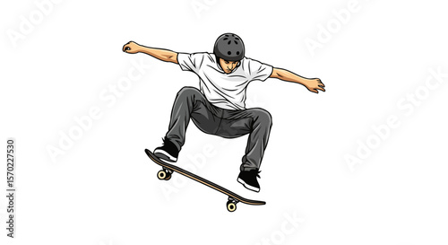 Dynamic Skateboarder in mid-air An action-packed illustration of an extreme sports athlete performing a daring trick.
