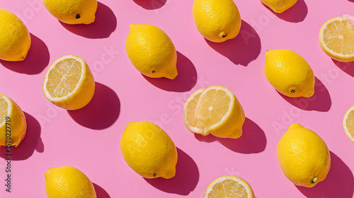 A vibrant top view food pattern featuring fresh lemons on a pink paper background — perfect for summer, vegan, and vegetarian themes.

