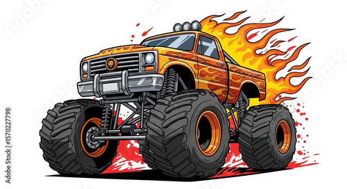 A vibrant cartoon monster truck with flame details and oversized tires evokes a sense of power.