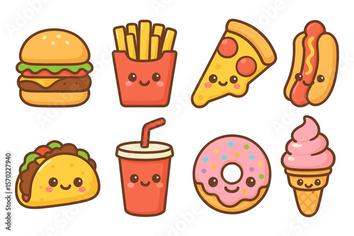 Cute fast food vector illustration with kawaii faces for print or poster in flat style