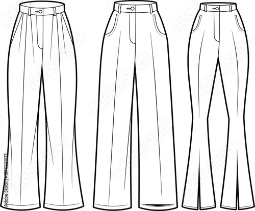 Stylish Pleated Midi Skirts Technical Flat Sketch Set, Featuring A-Line Silhouette and Tie-Waist Detail, Ideal for Women's Fashion.