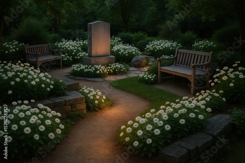 Peaceful memorial garden with elegant floral arrangements honoring cherished memories in serene outdoor setting