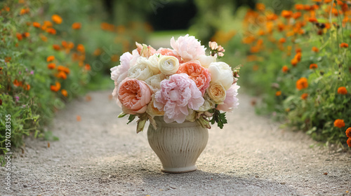 Elegant English garden bouquets in vintage vases, adorned with peonies, tulips and roses and other flowers, displayed in manor garden with dappled light and timeless floral grace