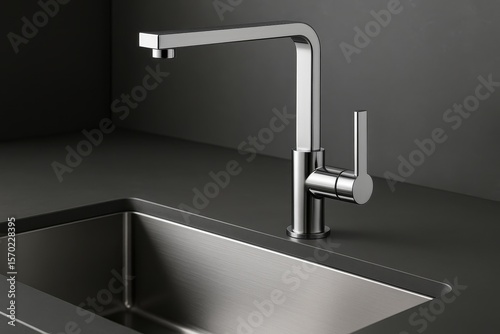 Contemporary stainless steel kitchen faucet with clean lines positioned over modern sink basin featuring ample copy space