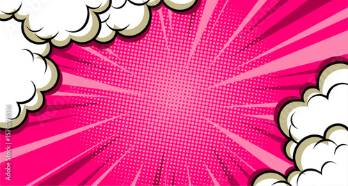 Pink comic abstract background pop art book or poster background with halftone and cloud effect