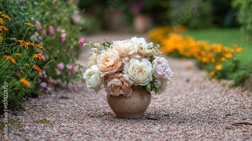 Elegant English garden bouquets in vintage vases, adorned with peonies, tulips and roses and other flowers, displayed in manor garden with dappled light and timeless floral grace