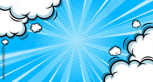 Blue comic abstract background pop art book or poster background with halftone and cloud effect