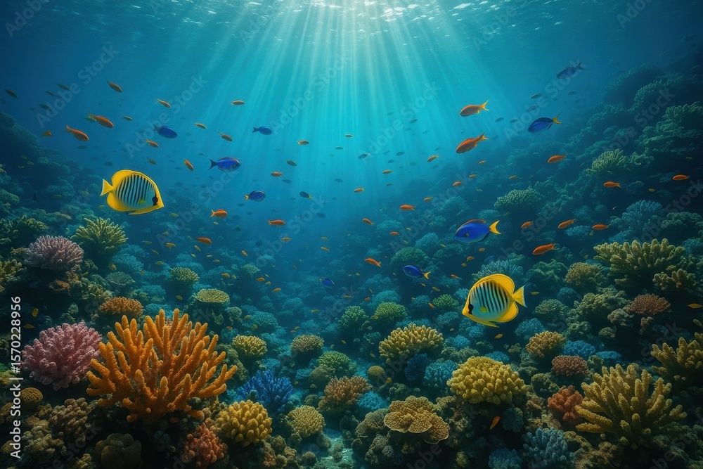 Fototapeta premium Ethereal underwater coral garden with tropical fish and magical light filtering through crystal-clear ocean depths