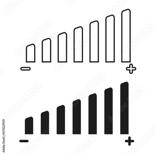 Volume level indicators. Audio adjustment bars. Sound intensity icons. Vector control elements.