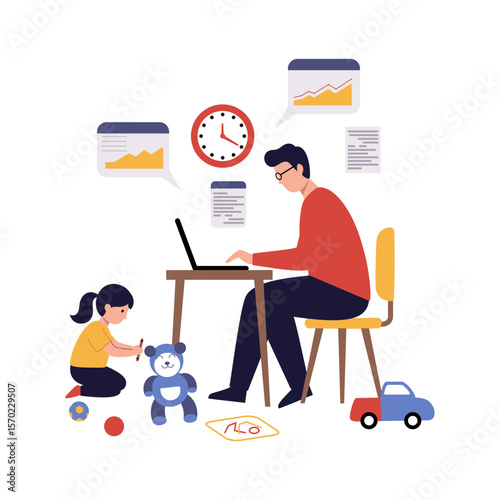 Flat vector illustration of a parent working from home on a laptop while a child plays nearby with toys and draws. Clean flat design with solid vibrant colors, showing remote work-life balance.