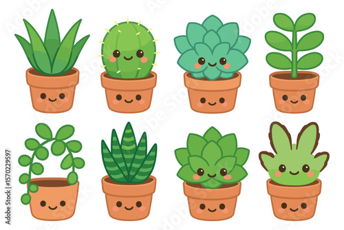 Cute kawaii succulent collection vector illustration for kids' room decor in flat style