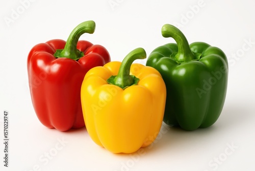 Vibrant organic bell pepper trio showcasing fresh produce quality in clean minimalist food photography