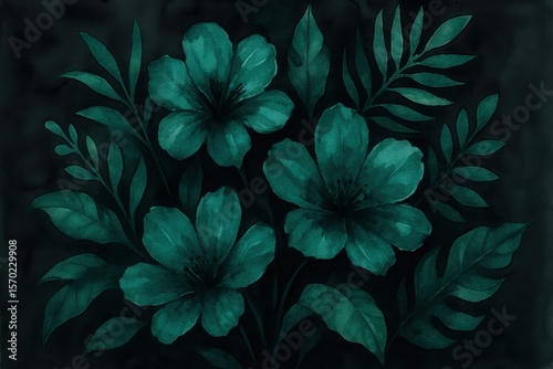 Moody botanical art featuring deep emerald tropical flowers against charcoal background in contemporary watercolor style