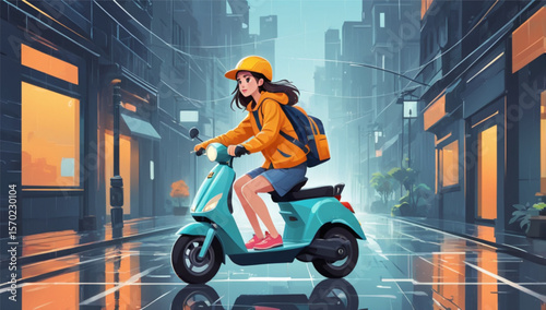Courier asian girl on scooter in the street of the city.
