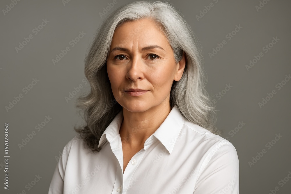 Fototapeta premium Professional portrait of confident middle-aged woman with silver hair wearing crisp white shirt against neutral background
