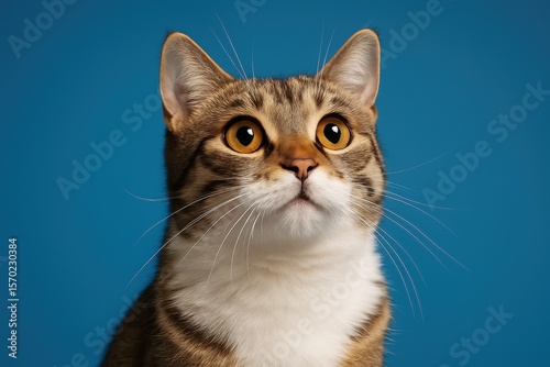 Adorable Pet Portrait: Charming feline companion with engaging upward gaze creating heartwarming pet photography perfect for animal lovers and veterinary applications