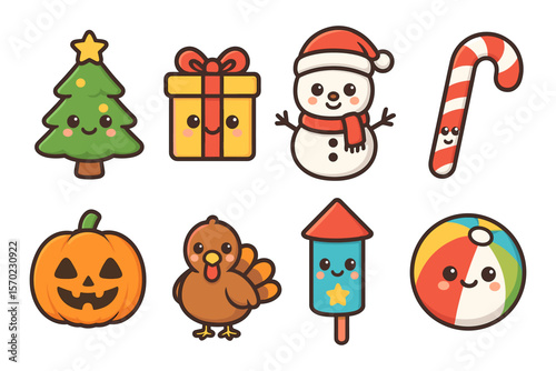 Cute holiday vector illustration: christmas, thanksgiving, halloween flat icons for cards