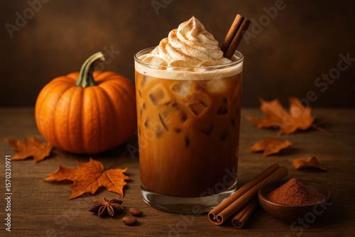 Fototapeta Naklejka Na Ścianę i Meble -  Autumn Spice Coffee Culture: Premium pumpkin spice cold brew coffee with seasonal flavoring showcasing artisanal coffee culture and autumn beverage trends