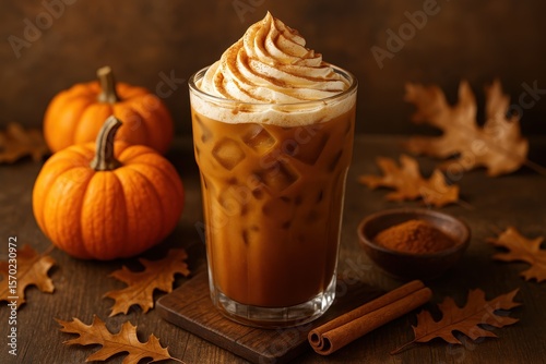 Fototapeta Naklejka Na Ścianę i Meble -  Autumn Spice Coffee Culture: Premium pumpkin spice cold brew coffee with seasonal flavoring showcasing artisanal coffee culture and autumn beverage trends