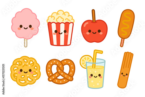 Cute kawaii food vector illustration for children's design: flat style snack characters for card or poster
