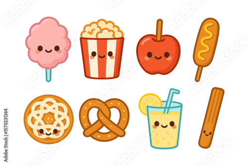 Cute kawaii fair food vector illustration with smiling snacks for design in flat style