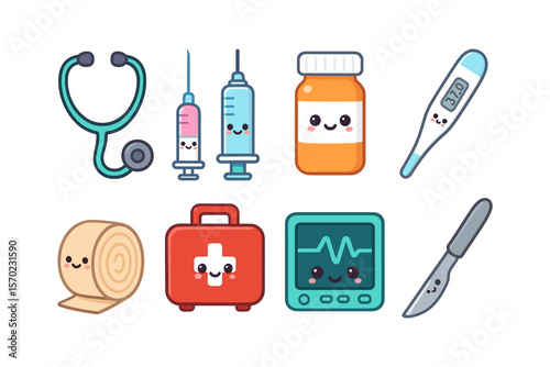 Cute medical icons vector illustration for health-themed designs in flat kawaii style