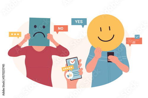 Negative and positive customer feedback. Cartoon community vote, two people holding funny sad angry and happy smiley faces in hand, yes no text flat vector illustration. Satisfaction, network concept
